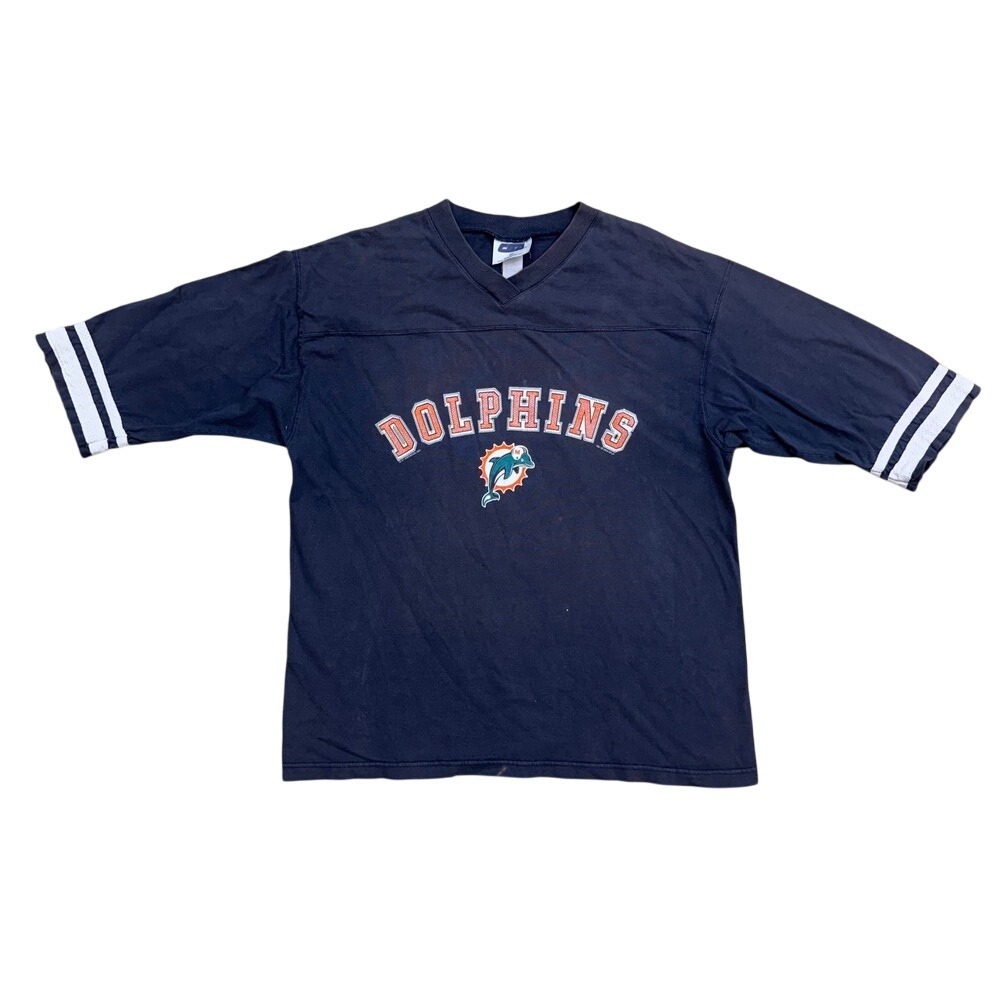 Vintage CSA Miami Dolphins Football Jersey V-Neck‎ T-Shirt Striped Sleeve L